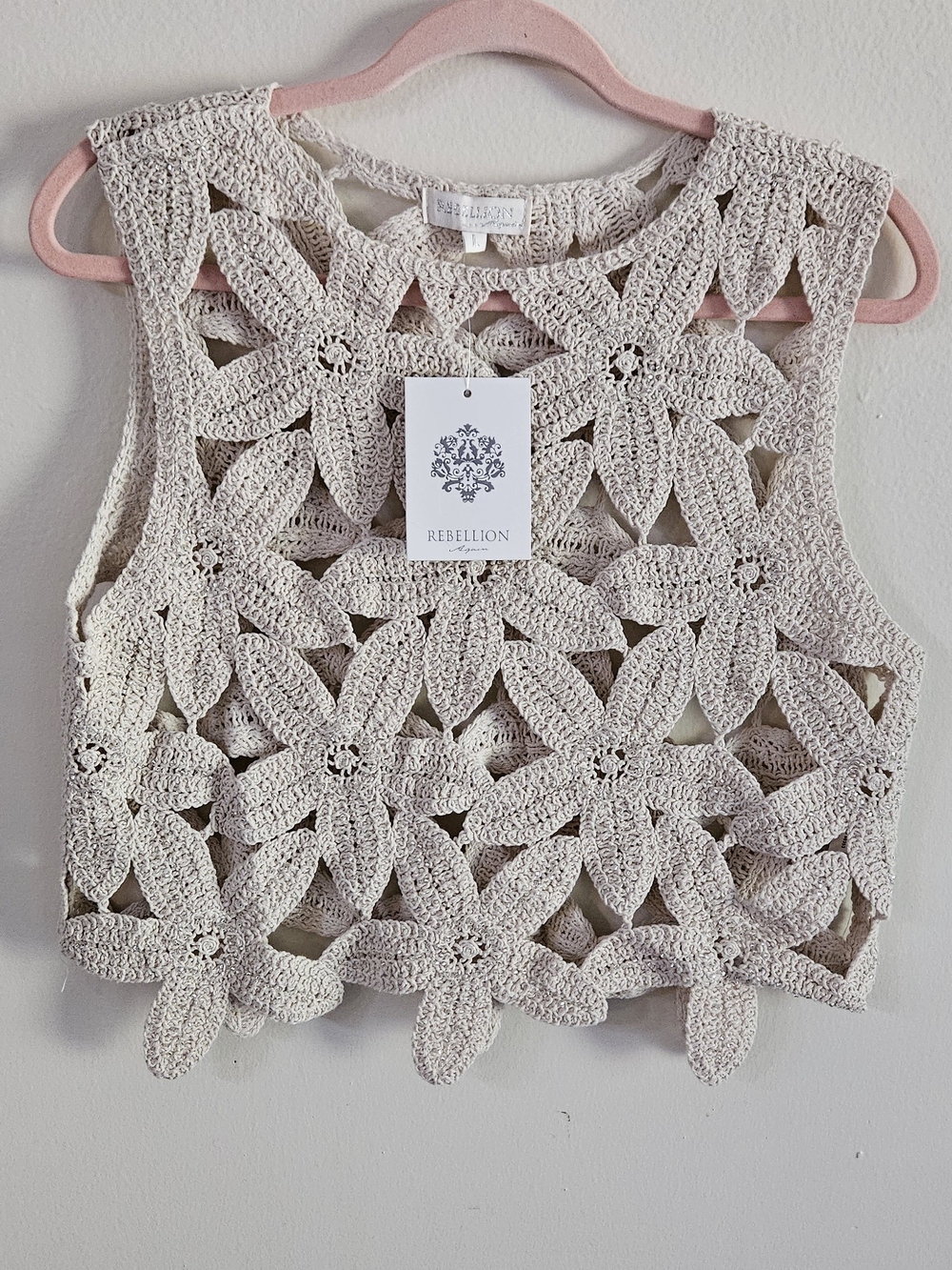 Rebellion Crochet Floral Beaded Crop Tank - Cream. Boho, Festival, Cute